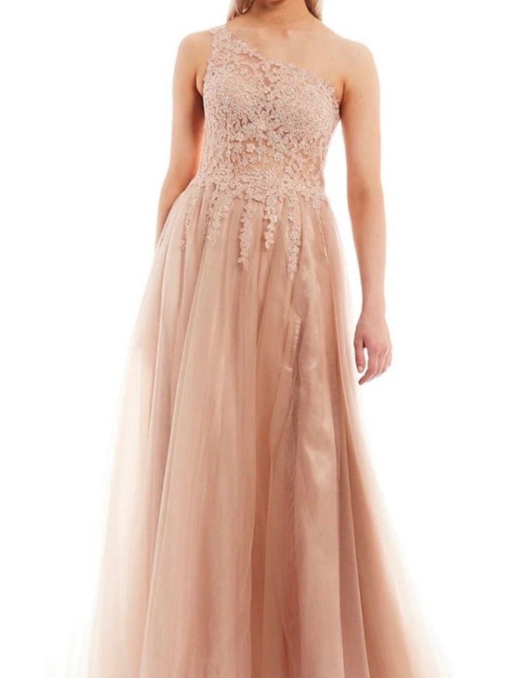 Blondie Nites Stacy Sklar Pink One Shoulder Embellished Ball Gown Prom Dress